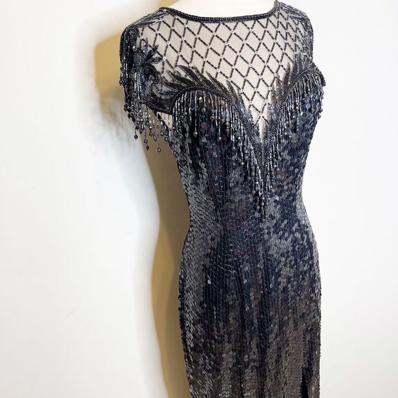 Vintage 90s Size 10 Niteline Sequin Formal Dress Flashy Gown Beaded Fringe - Picture 5 of 8